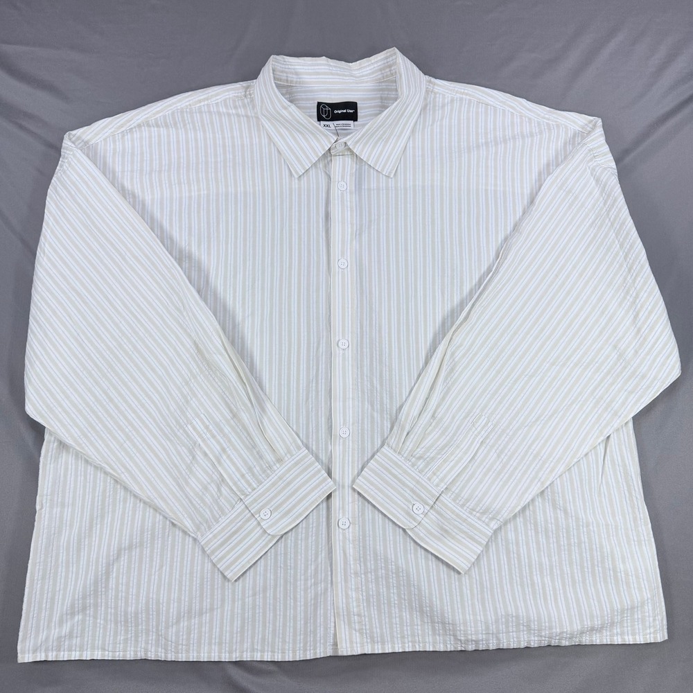 Original Use Mens XXL Beige White Cotton Striped Long Sleeve Button Down Shirt